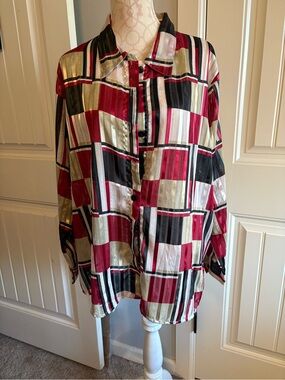 Selene Sport Red, Black & Cream Plaid Satin Button-Up Jacket